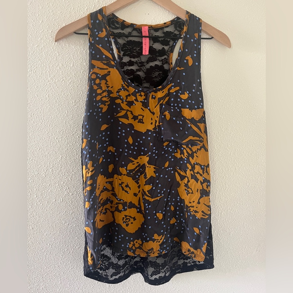 Eight Sixty Black and Orange Floral Silk Vintage Racer Back Lace Tank Top